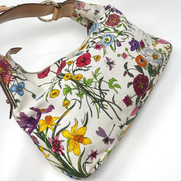 Gucci Horsebit Hobo Multicolor Flora Floral Cloth Leather Shoulder Bag Purse - Picture 11 of 17